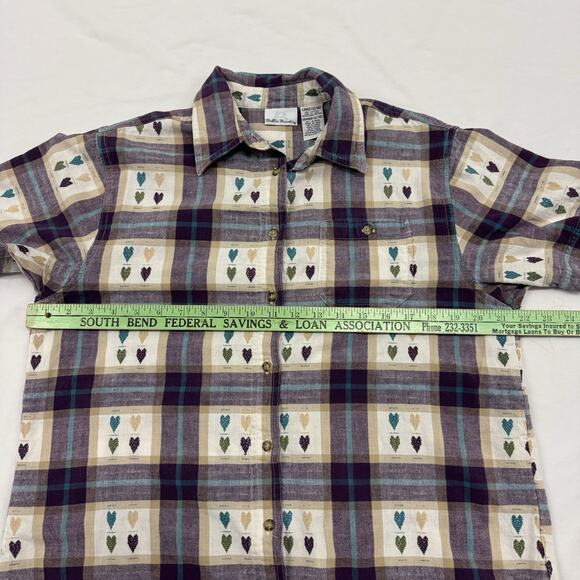 Vtg Cottagecore Heart Plaid Short Sleeve Button Up Grandma Teacher Purple Large - Picture 4 of 7